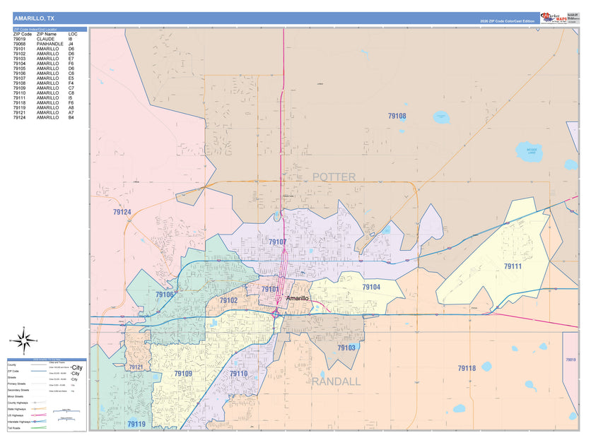 Colorcast Zip Code Style Wall Map of Amarillo, TX – Texas Map Store