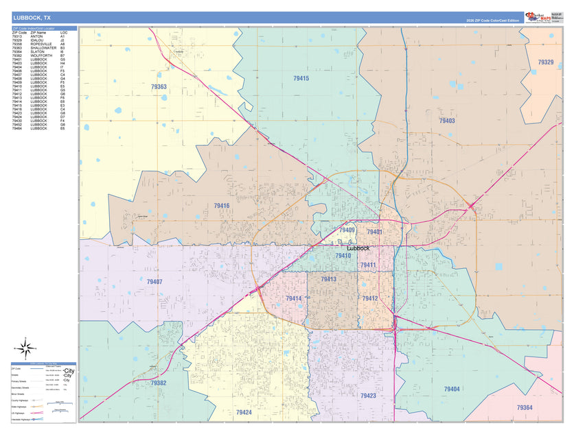 Colorcast Zip Code Style Wall Map of Lubbock, TX – Texas Map Store