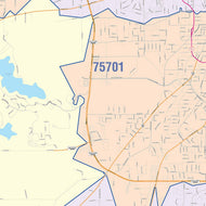 Colorcast Zip Code Style Wall Map of Tyler, TX