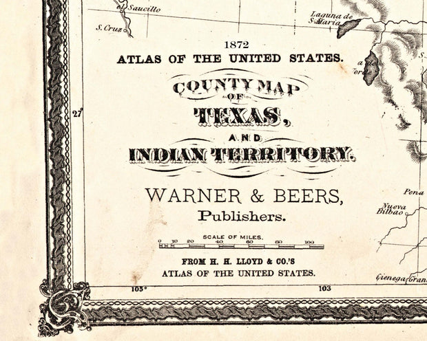 1872 Texas Counties and Indian Territory Map