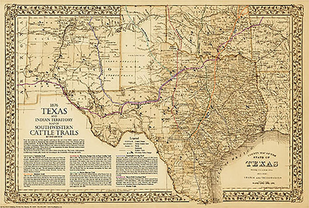 1876 Great Texas & Southwestern Cattle Trails Map, Second Edition
