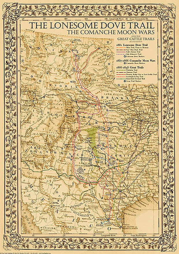 1881 Lonesome Dove/Comanche Moon Wars & Great Cattle Trails Map