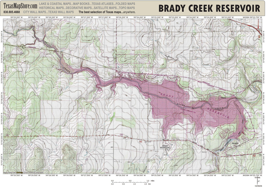 Brady Creek Reservoir Texas fishing map Texas Map Store
