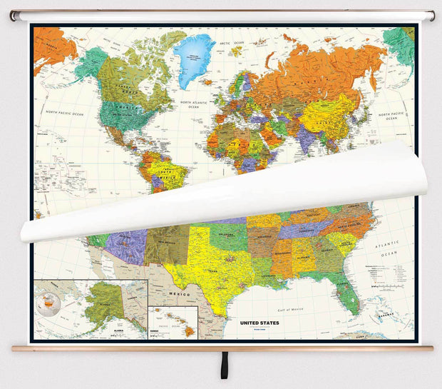 Contemporary US and World Map Classroom Pull Down 2 Map Bundle