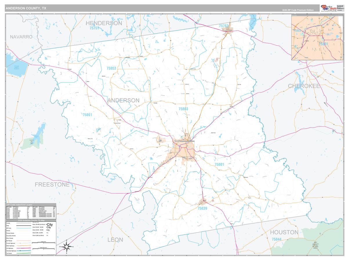 Anderson County, TX Wall Map