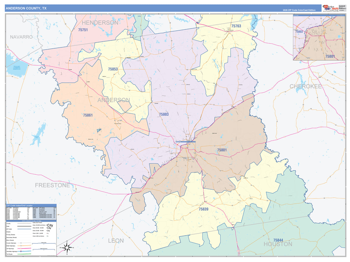 Anderson County, TX Wall Map