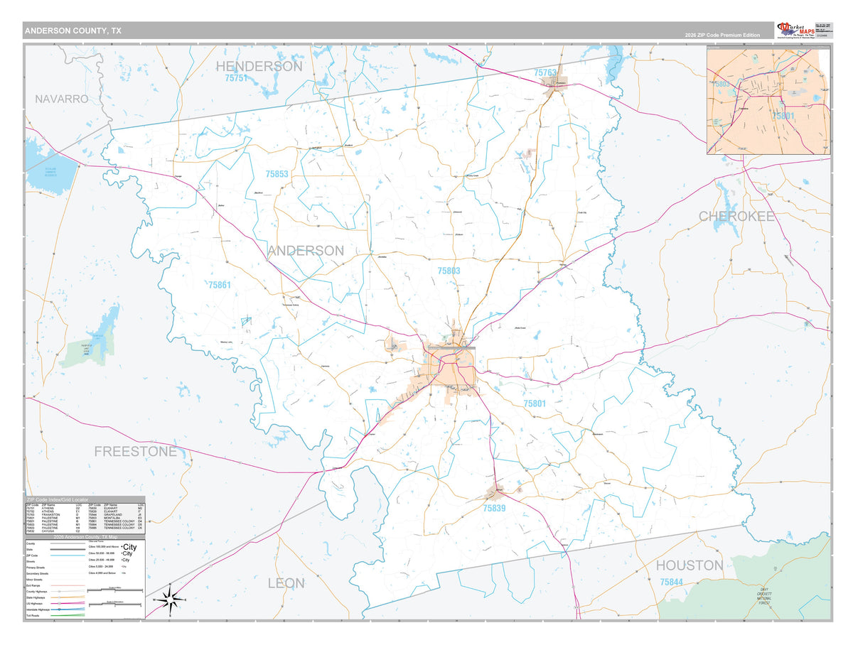 Anderson County, TX Premium Style Wall Map