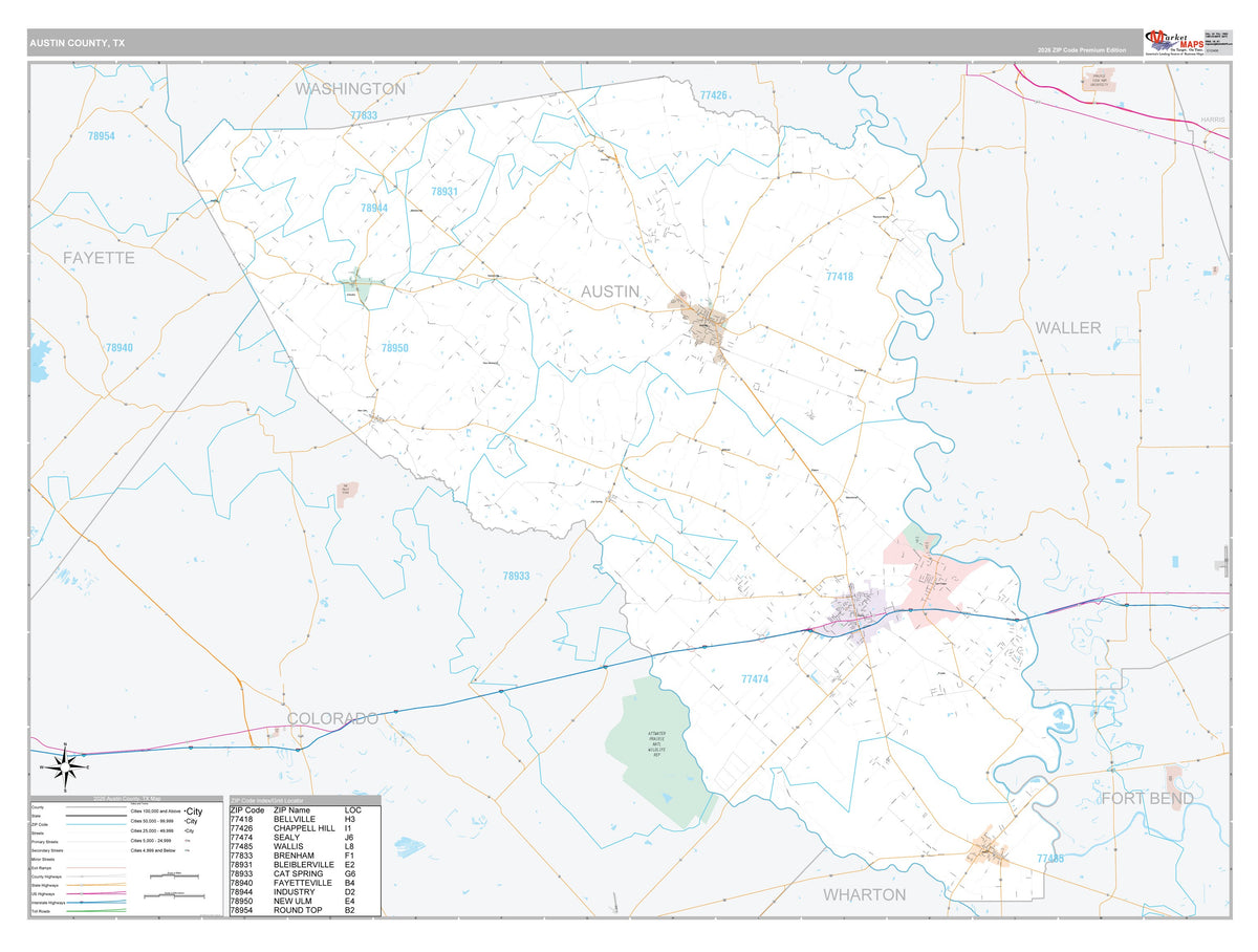 Austin County, TX Premium Style Wall Map