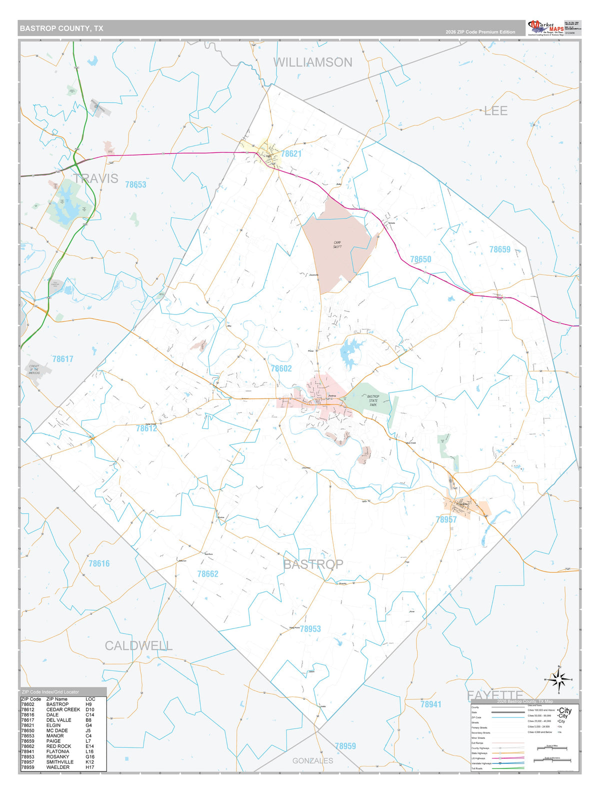 Bastrop County, TX Premium Style Wall Map