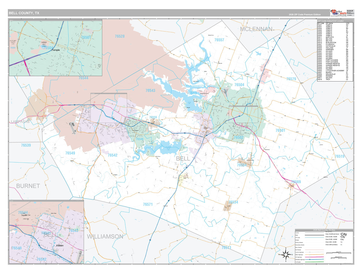 Bell County, TX Premium Style Wall Map