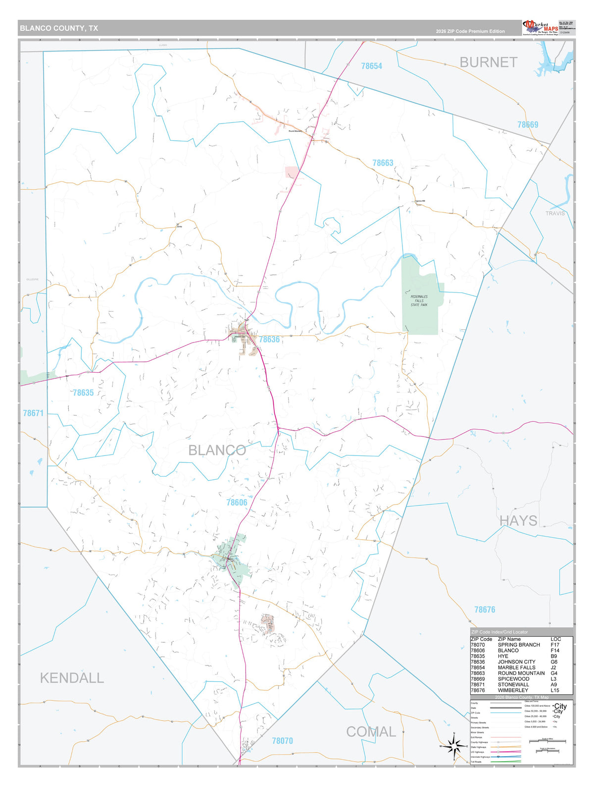Blanco County, TX Premium Style Wall Map