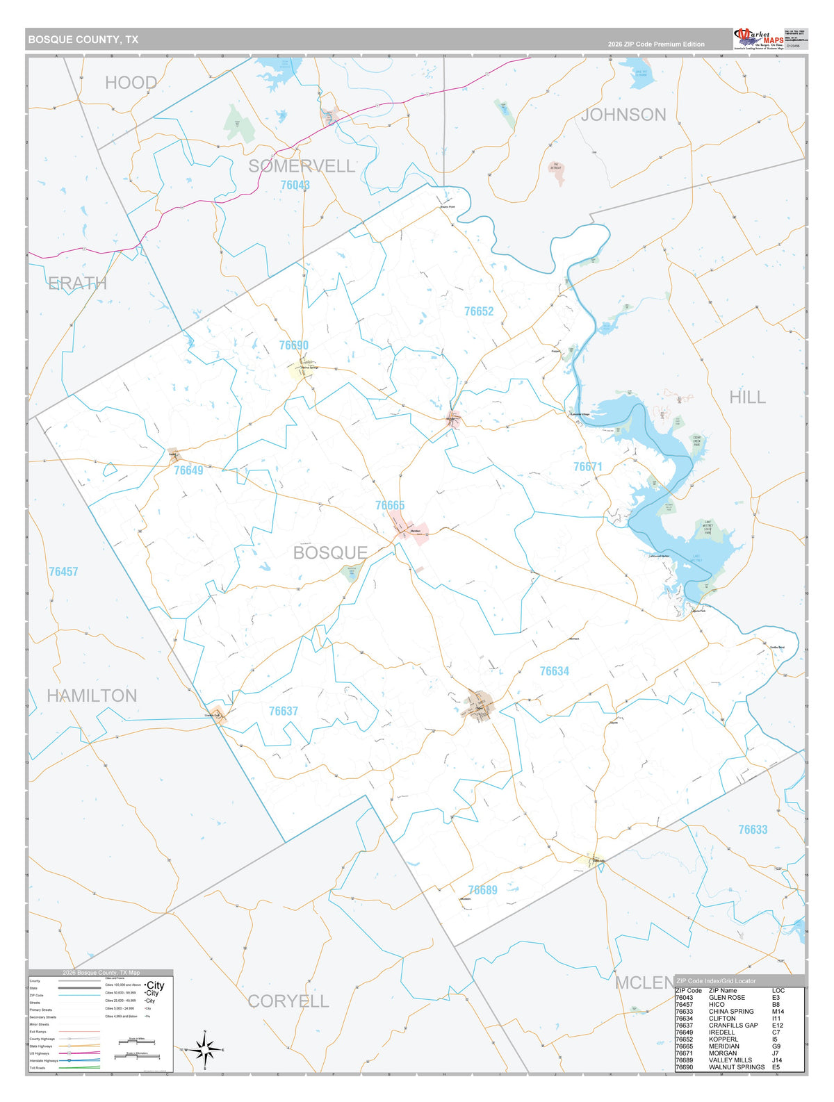 Bosque County, TX Premium Style Wall Map