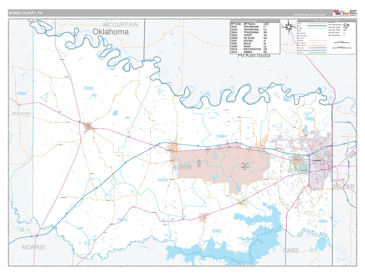 Bowie County, TX Premium Style Wall Map