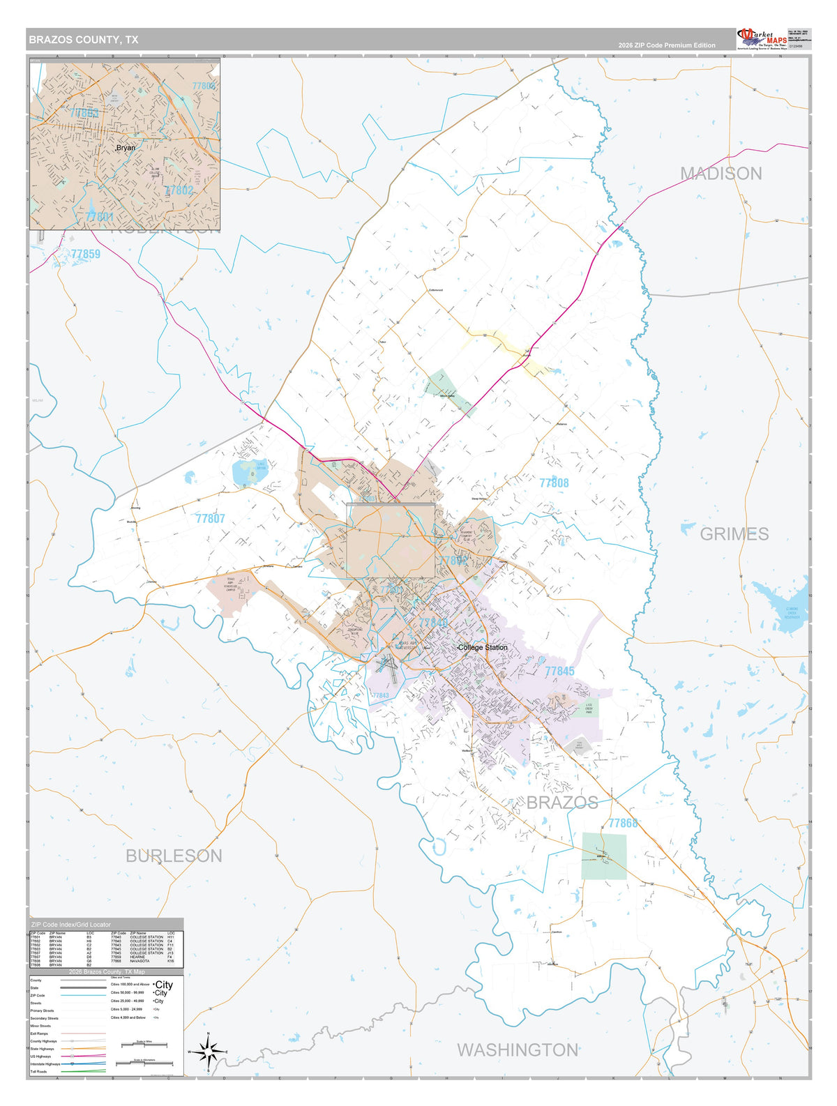 Brazos County, TX Premium Style Wall Map