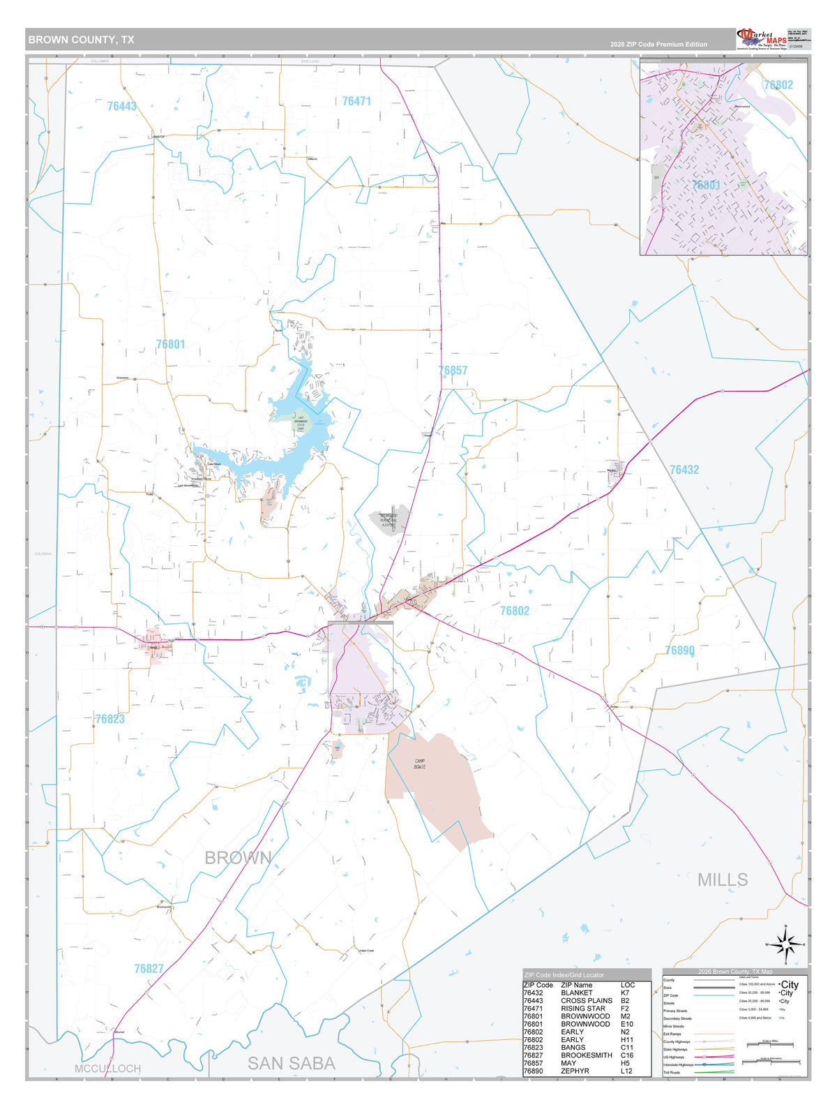 Brown County, TX Premium Style Wall Map
