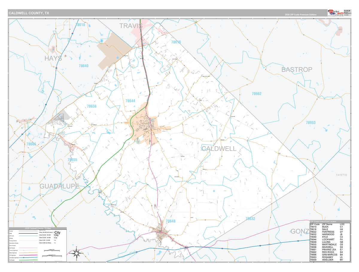 Caldwell County, TX Premium Style Wall Map