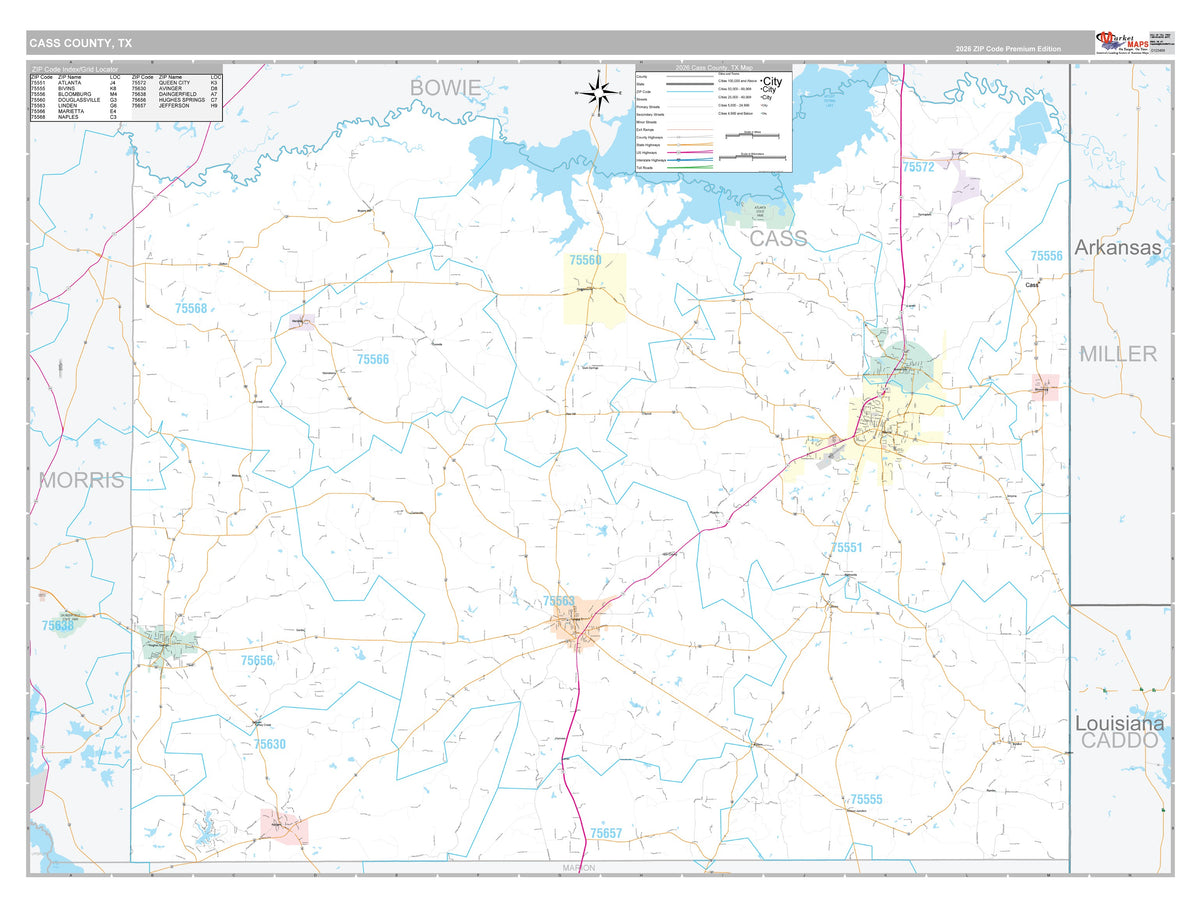 Cass County, TX Premium Style Wall Map