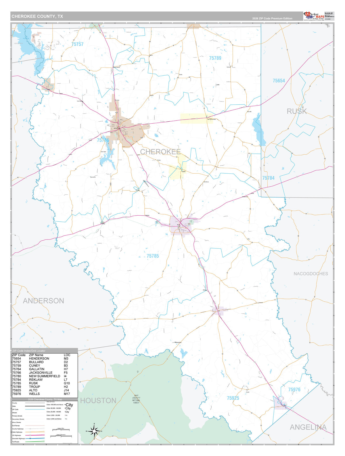 Cherokee County, TX Premium Style Wall Map