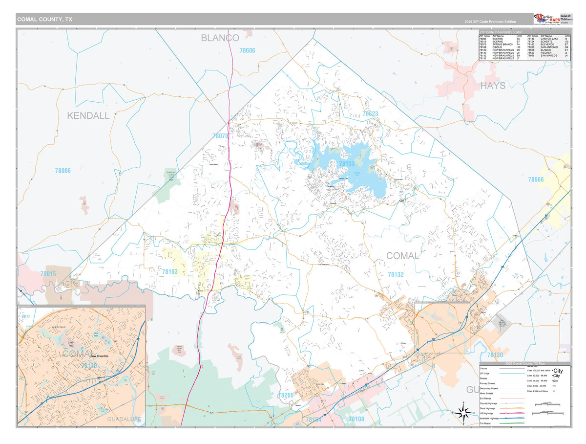 Comal County, TX Premium Style Wall Map