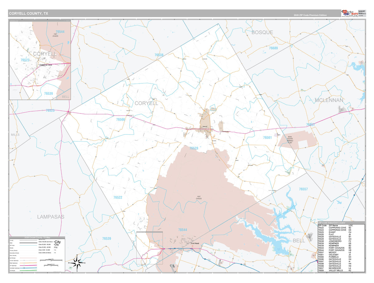 Coryell County, TX Premium Style Wall Map