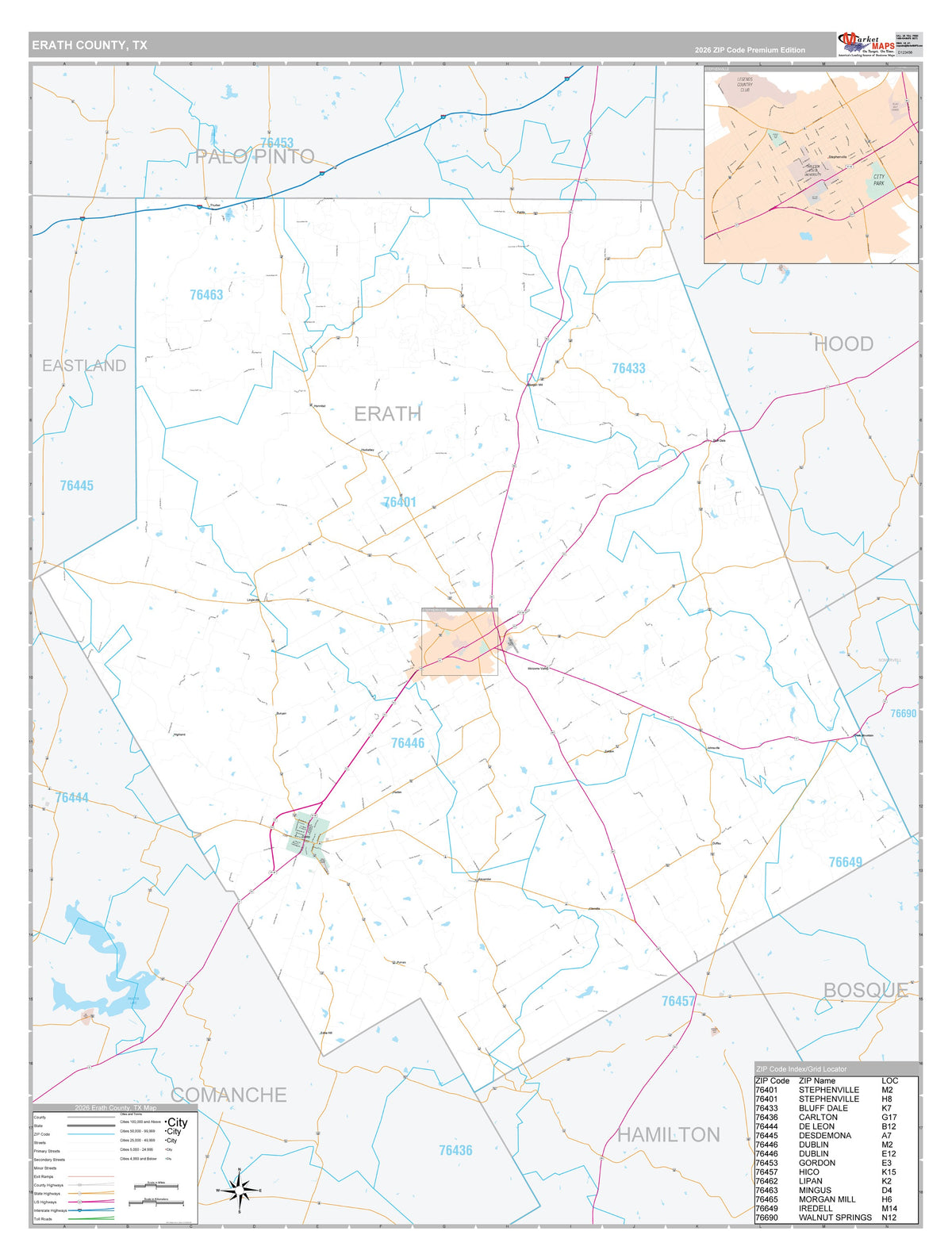 Erath County, TX Premium Style Wall Map