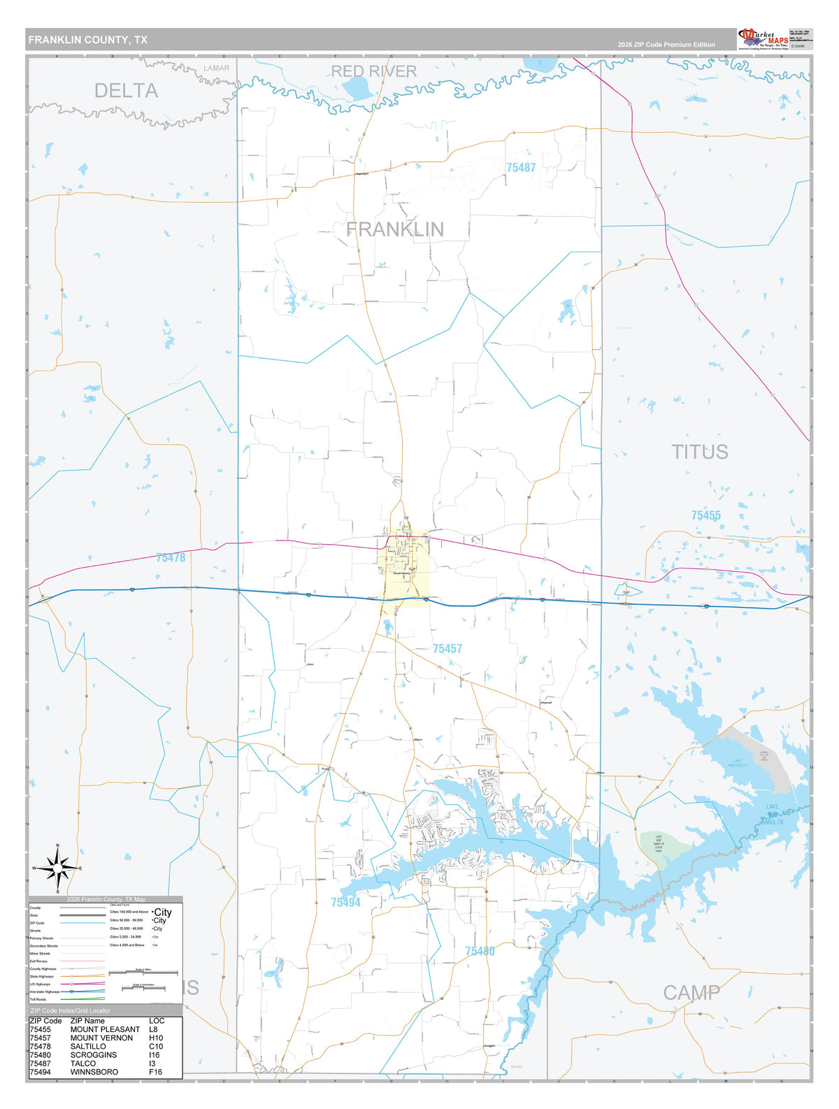 Franklin County, TX Premium Style Wall Map