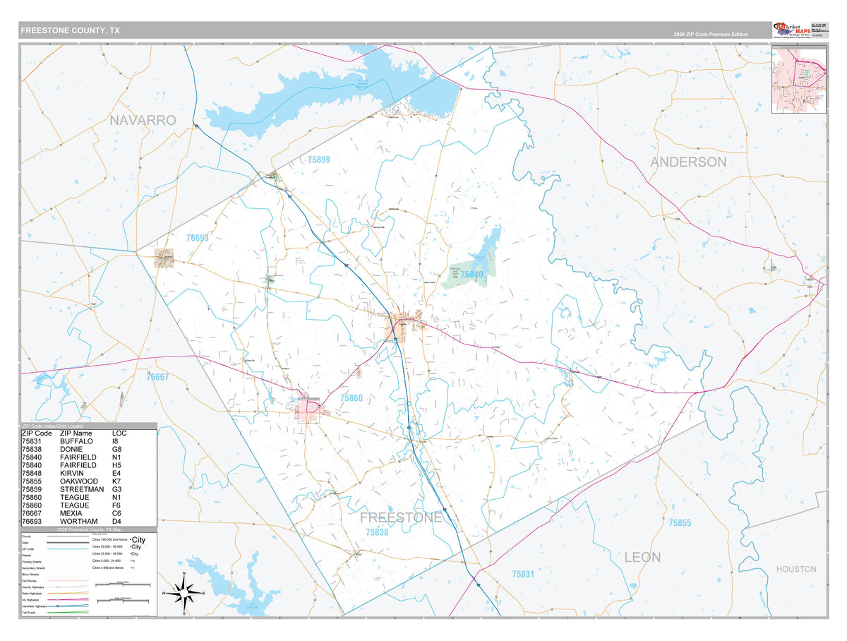 Freestone County, TX Premium Style Wall Map