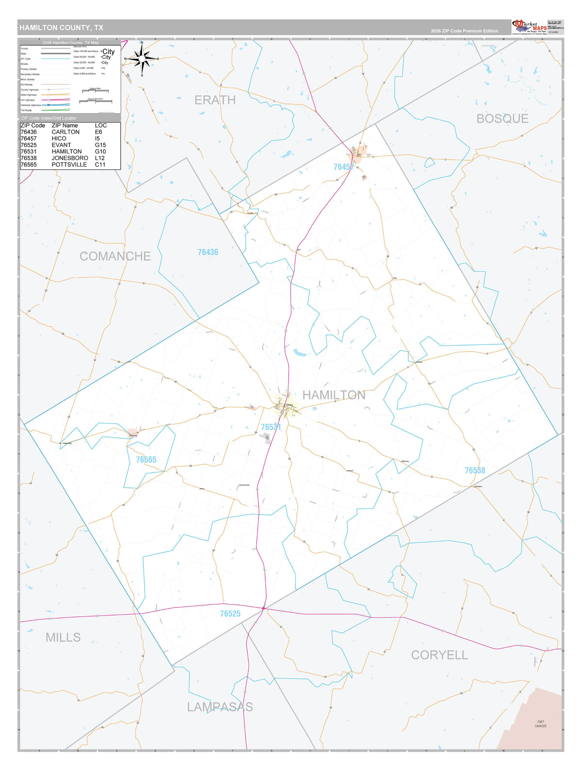 Hamilton County, TX Premium Style Wall Map