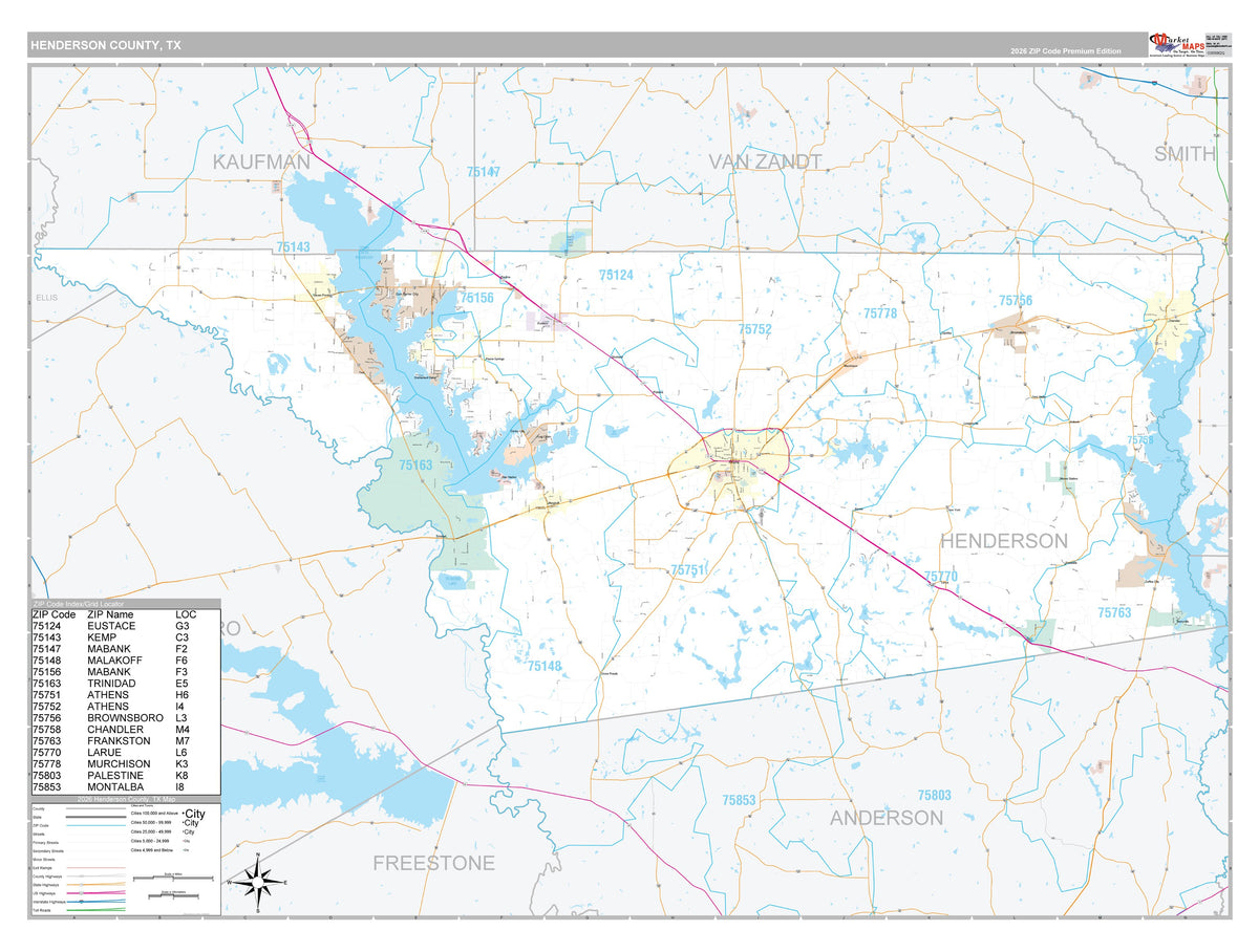 Henderson County, TX Premium Style Wall Map
