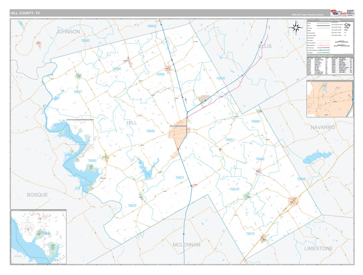 Hill County, TX Premium Style Wall Map