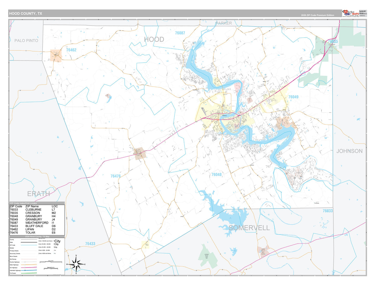 Hood County, TX Premium Style Wall Map