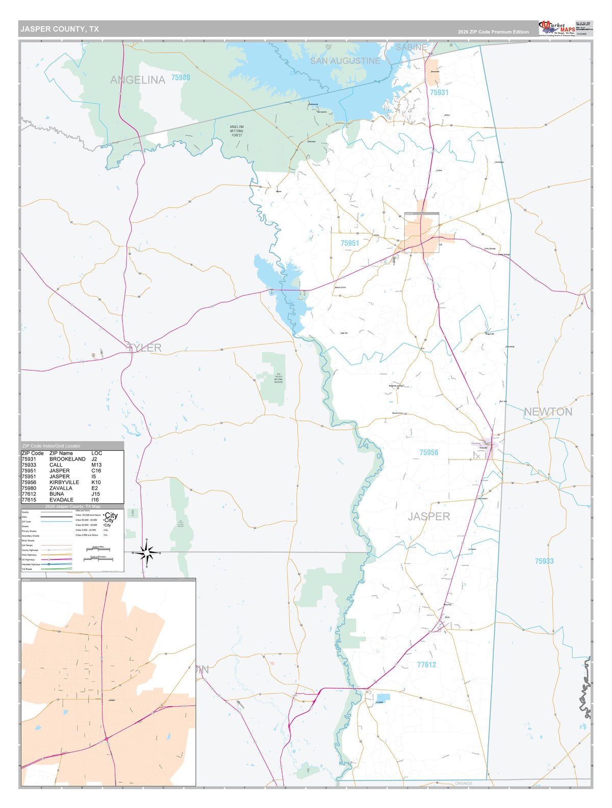 Jasper County, TX Premium Style Wall Map