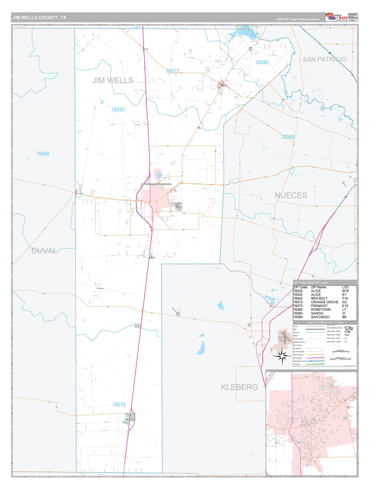 Jim Wells County, TX Premium Style Wall Map
