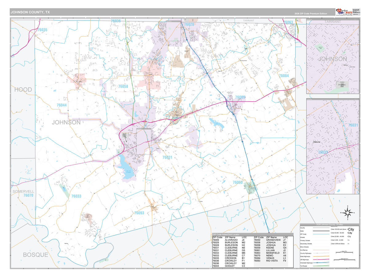 Johnson County, TX Premium Style Wall Map