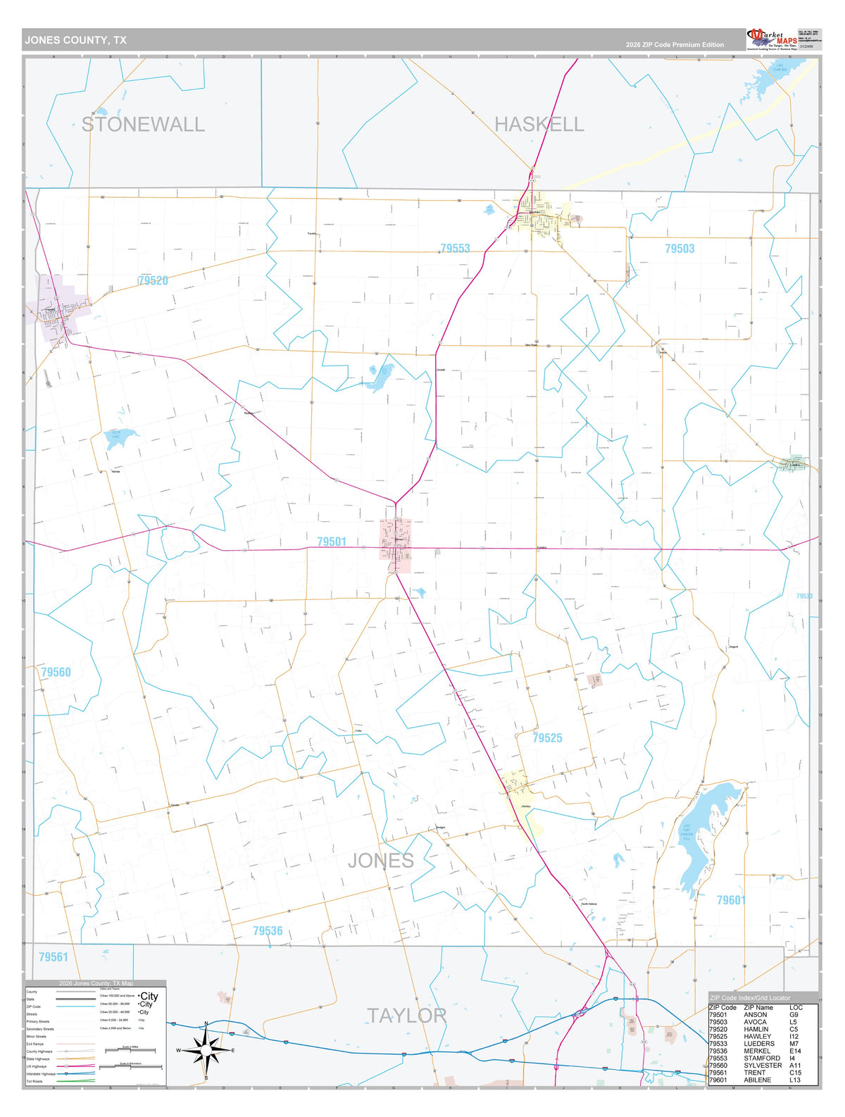 Jones County, TX Premium Style Wall Map