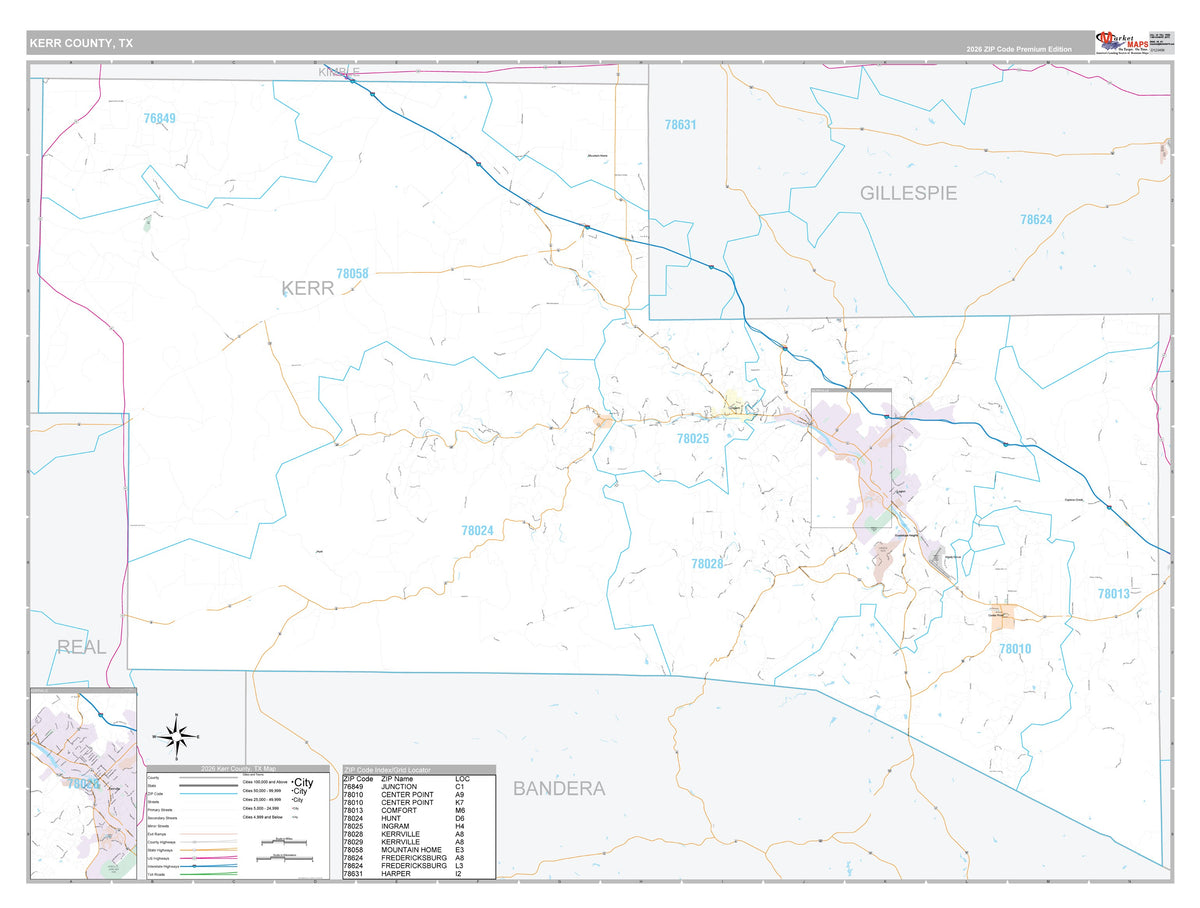 Kerr County, TX Premium Style Wall Map