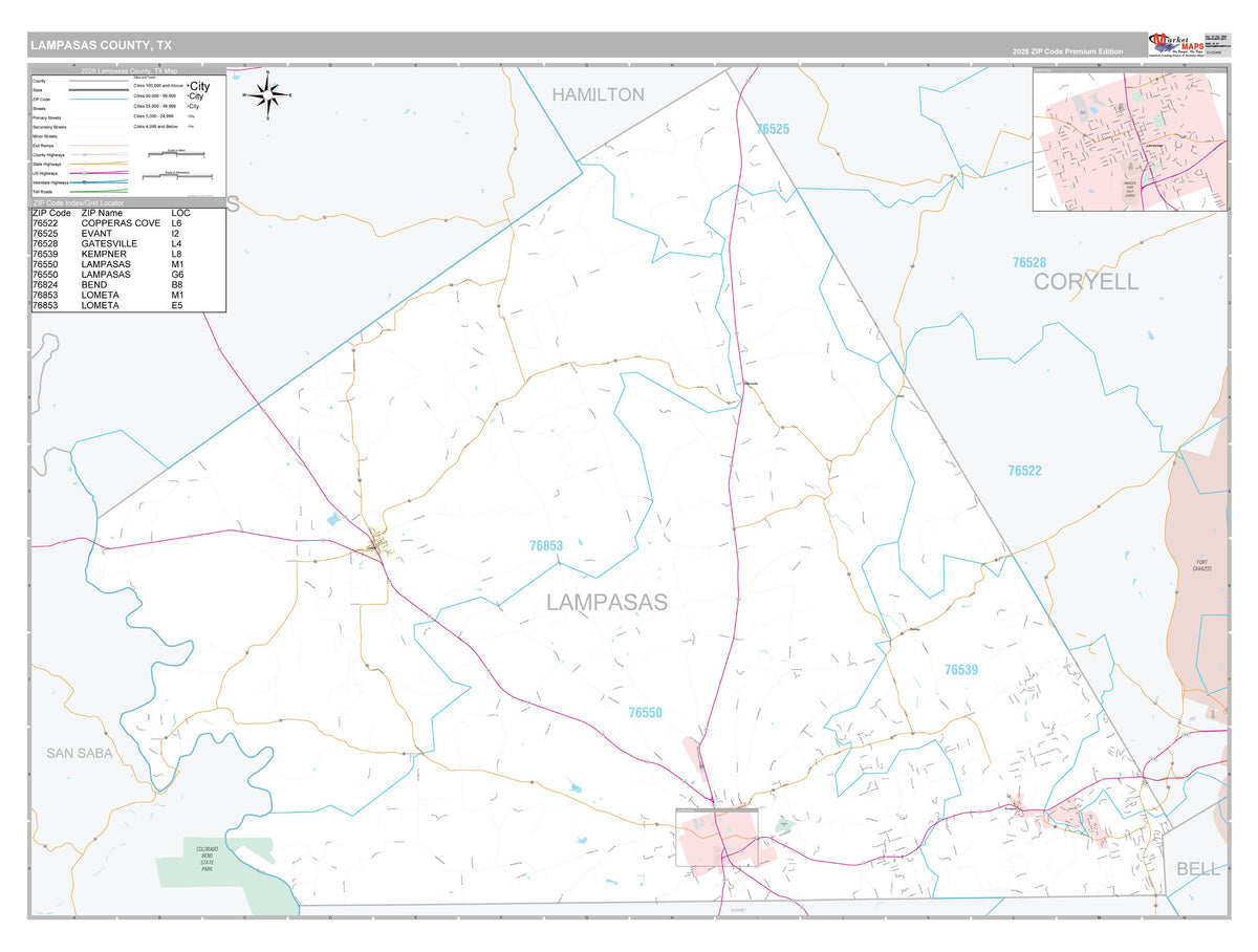 Lampasas County, TX Premium Style Wall Map
