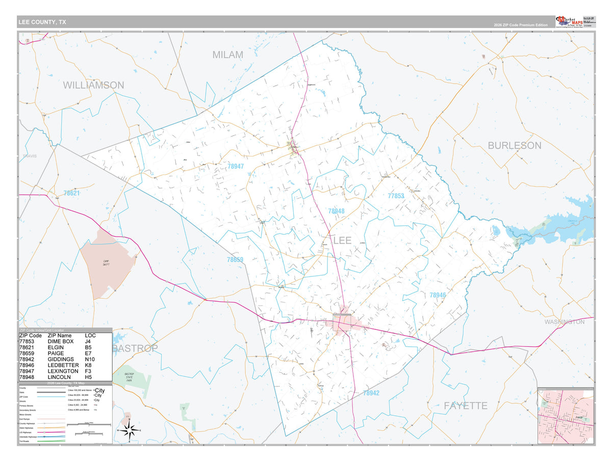 Lee County, TX Premium Style Wall Map