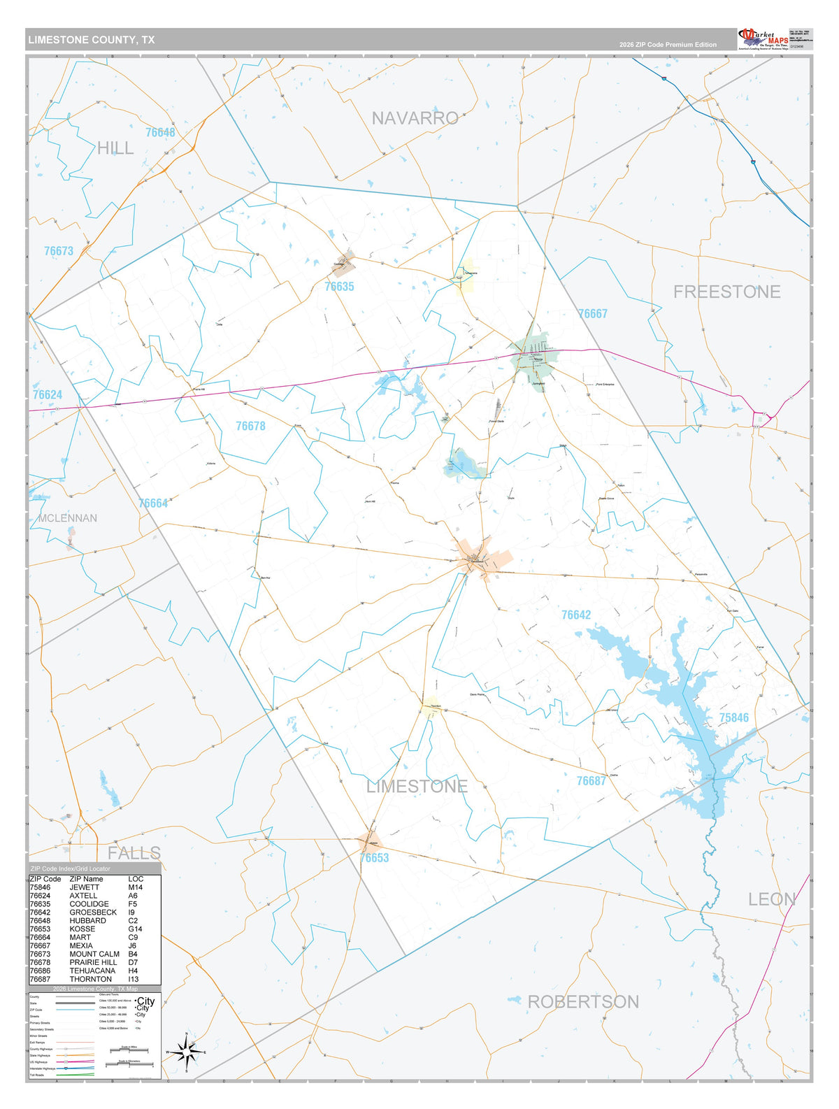 Limestone County, TX Premium Style Wall Map