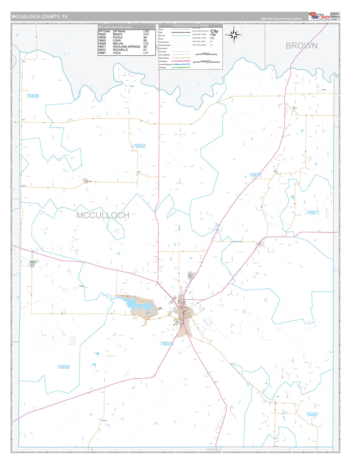 McCulloch County, TX Premium Style Wall Map