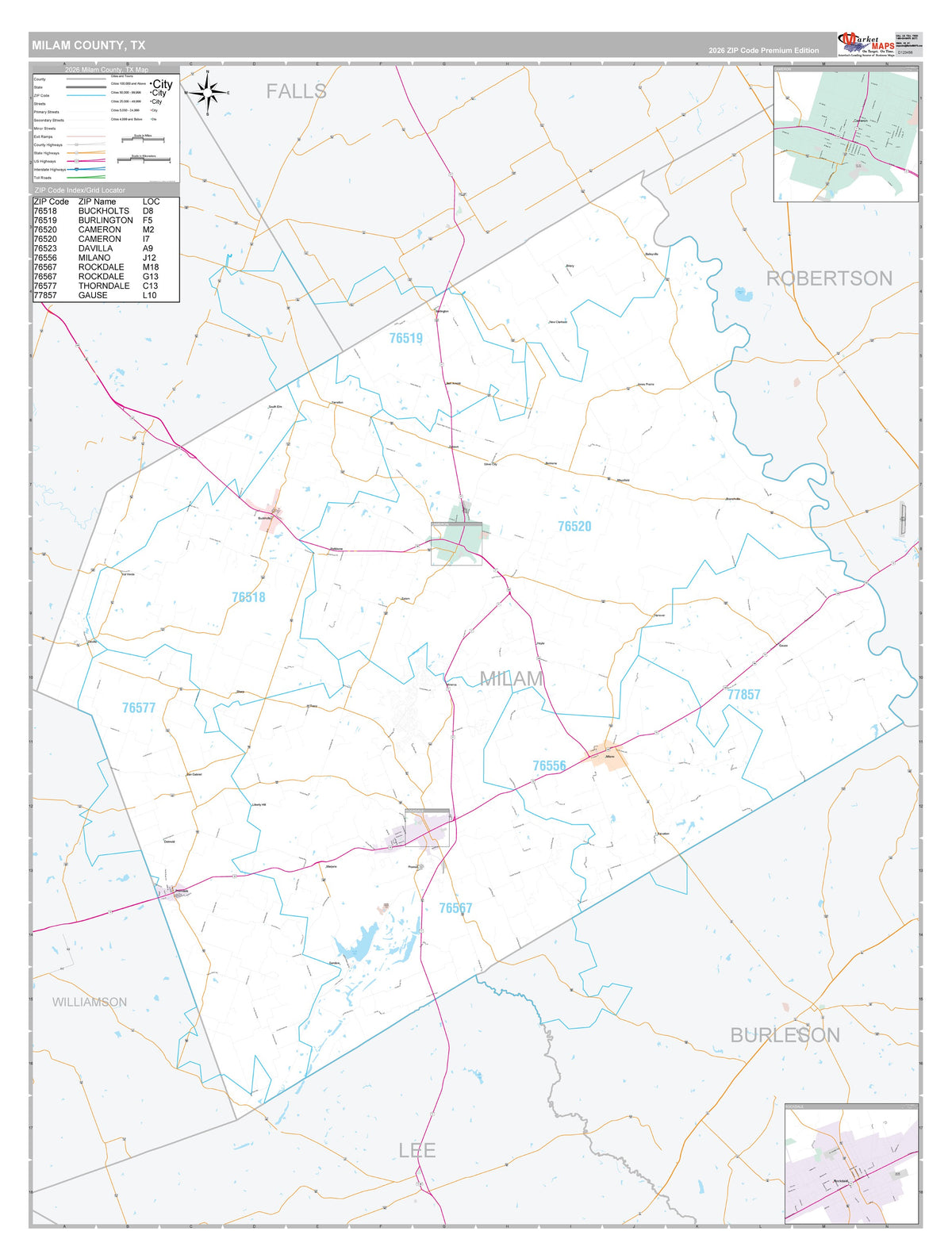 Milam County, TX Premium Style Wall Map
