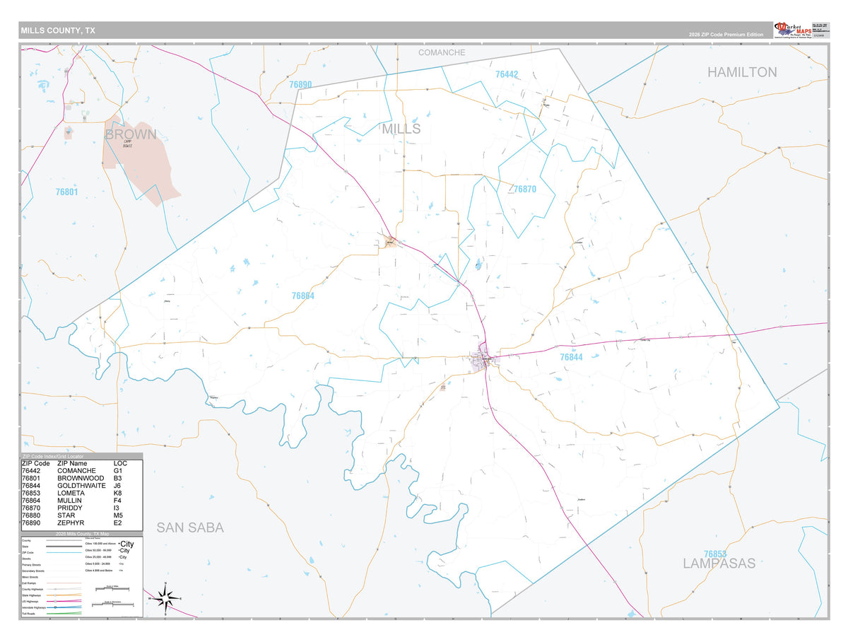 Mills County, TX Premium Style Wall Map