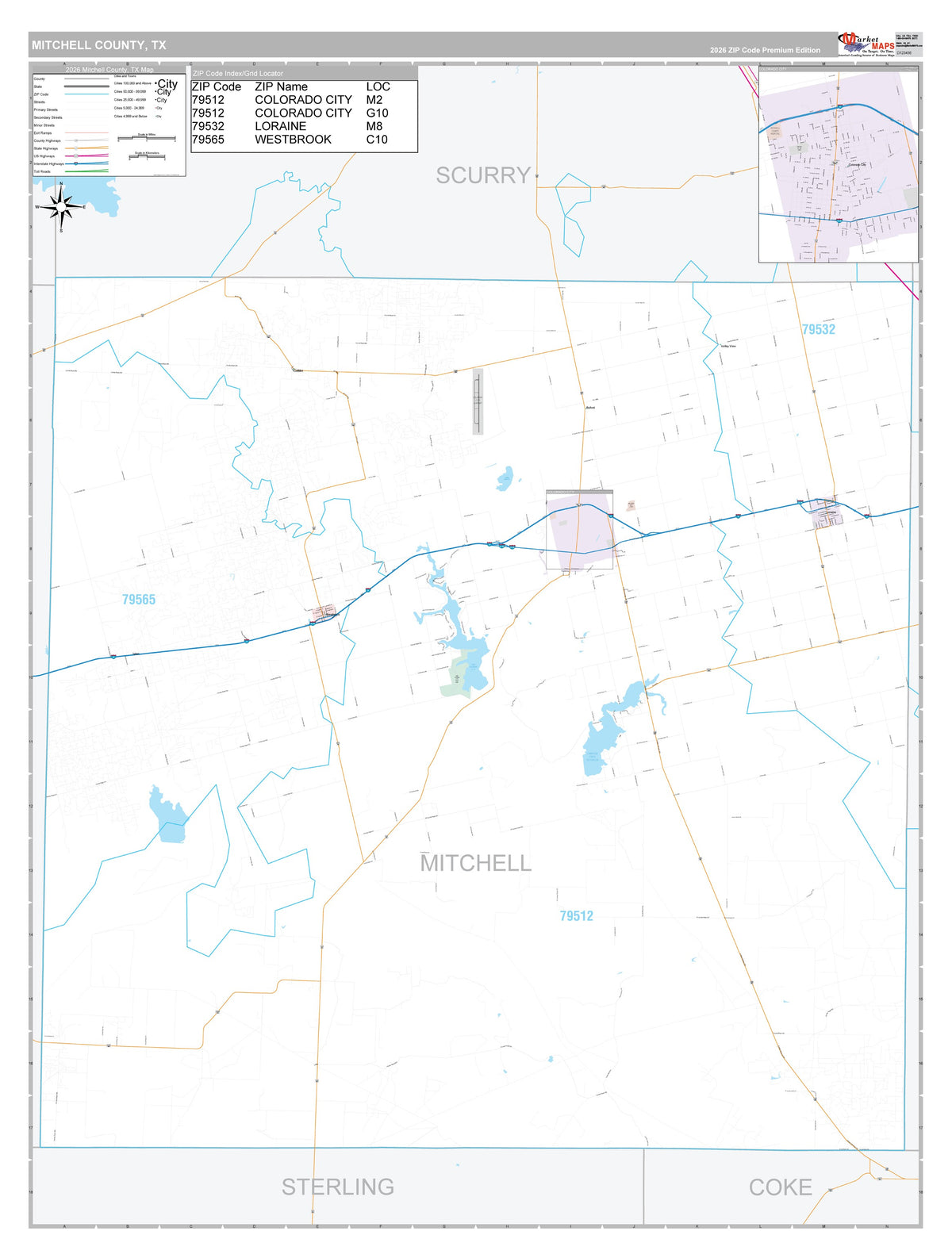 Mitchell County, TX Premium Style Wall Map