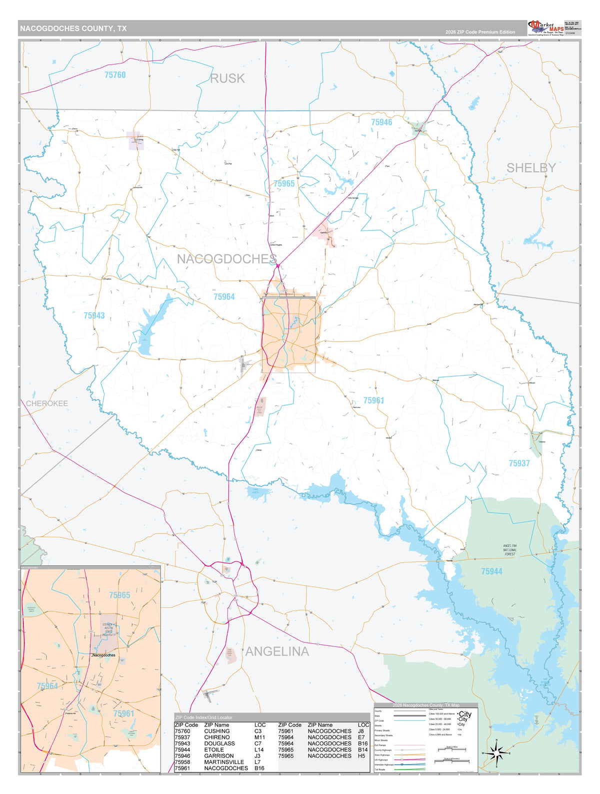 Nacogdoches County, TX Premium Style Wall Map
