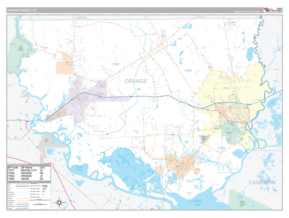 Orange County, TX Premium Style Wall Map