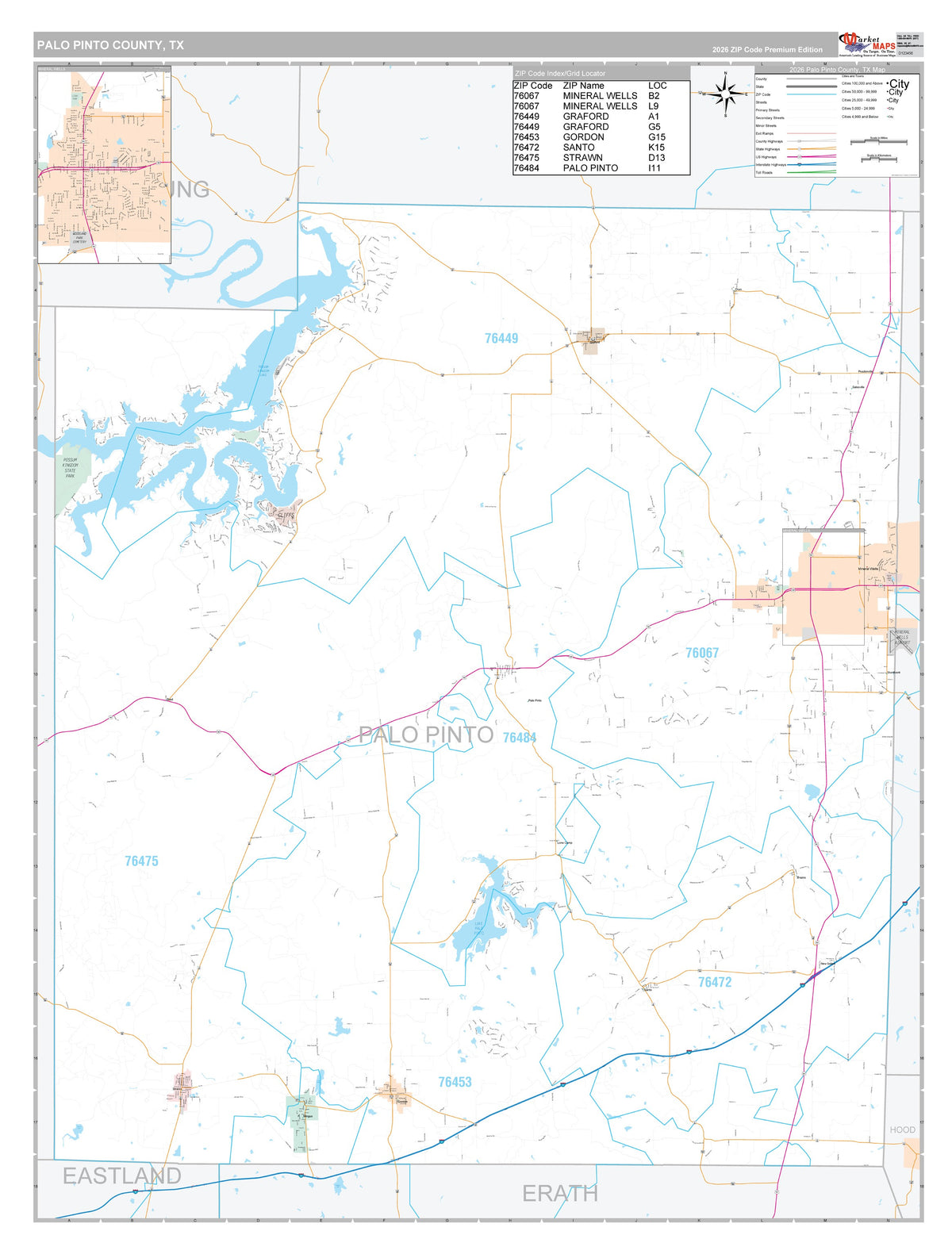 Palo Pinto County, TX Premium Style Wall Map