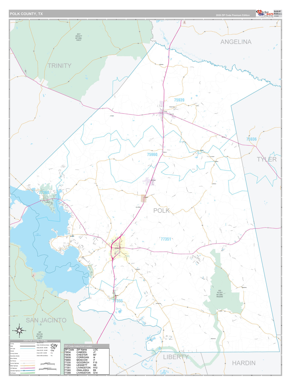 Polk County, TX Premium Style Wall Map
