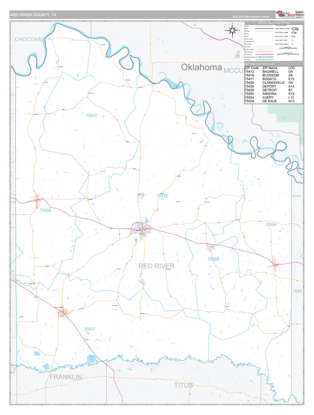 Red River County, TX Premium Style Wall Map