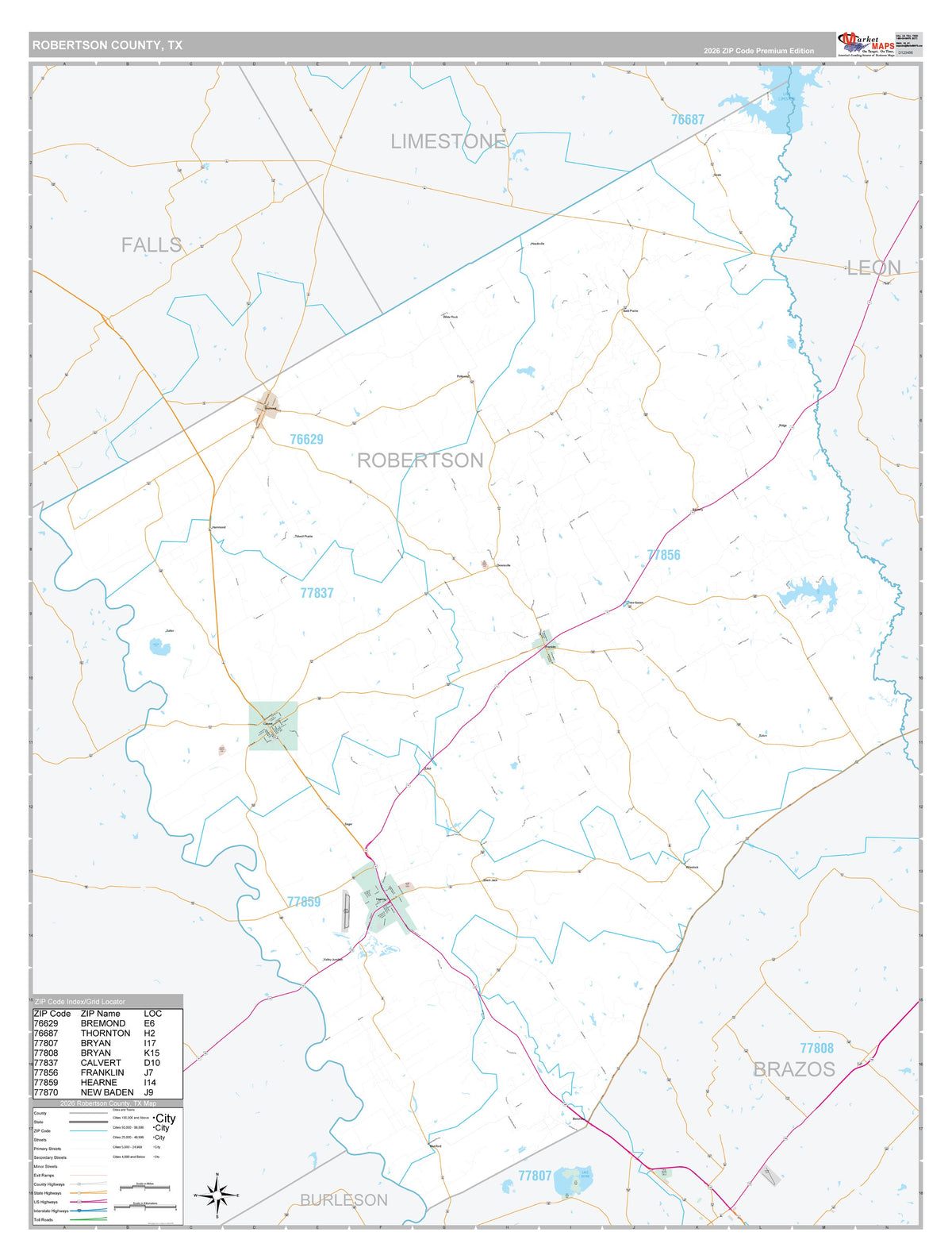 Robertson County, TX Premium Style Wall Map