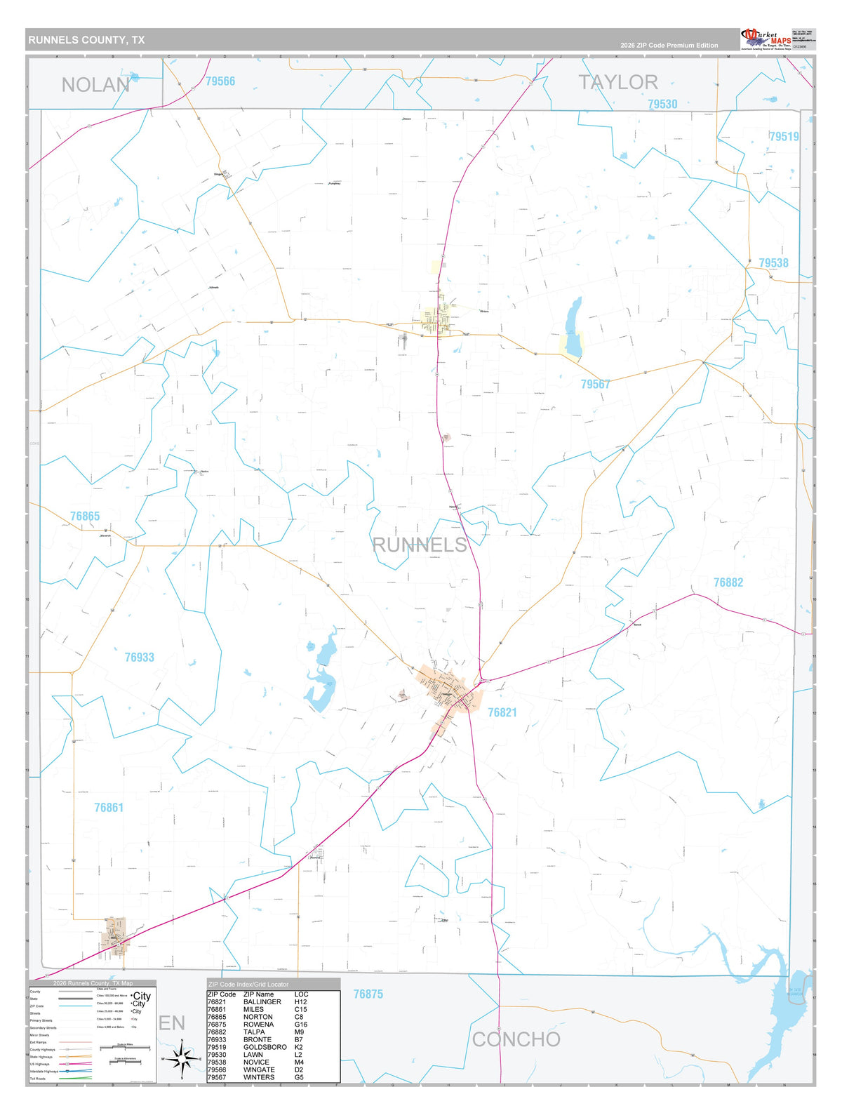 Runnels County, TX Premium Style Wall Map